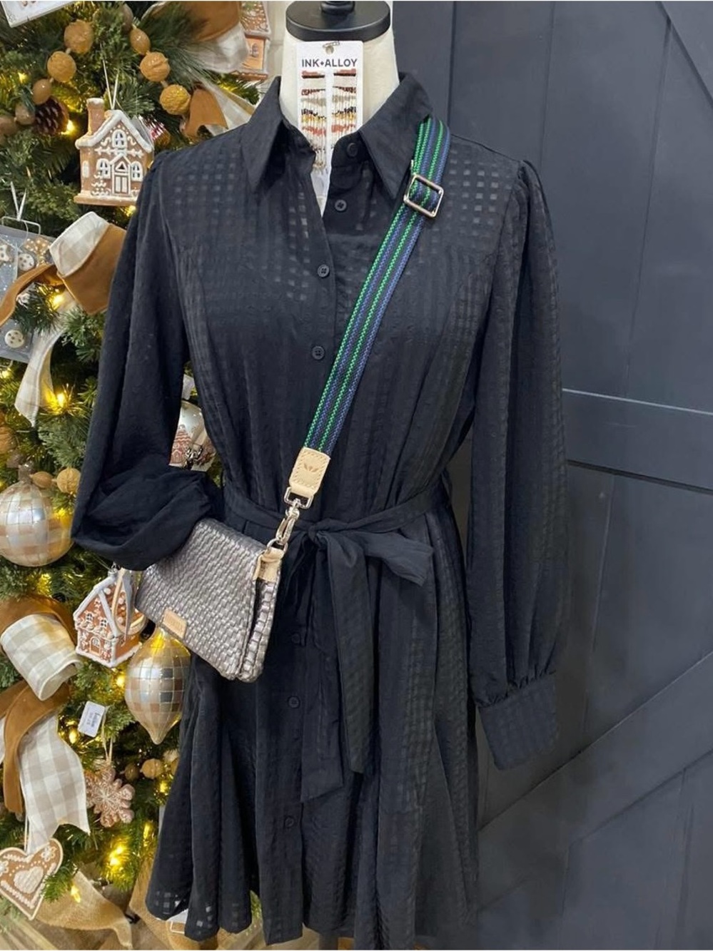 She + Sky Black Long-Sleeve Button Shirt Dress with Tie Waist